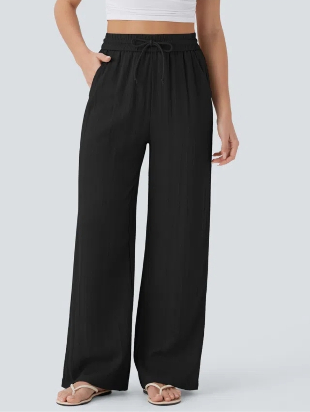 Halara Black High Waisted Drawstring Pocket Wide-Leg Linen Feel Pants